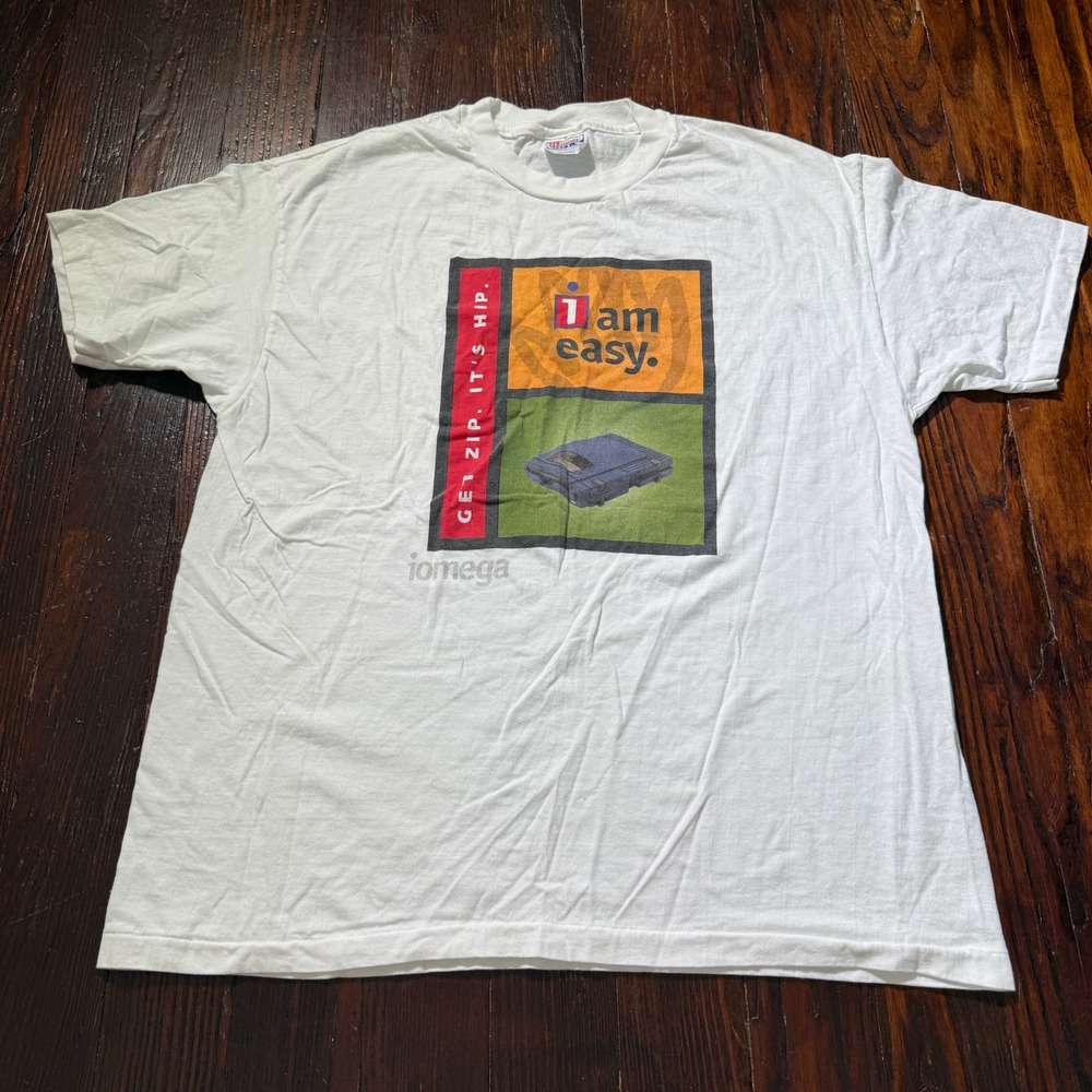 Vintage 90s Tech Shirt Mens XL White‎ Iomega Hanes USA Promo Single Stitch